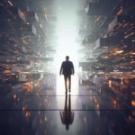 Man walking through a quickly moving digital landscape.