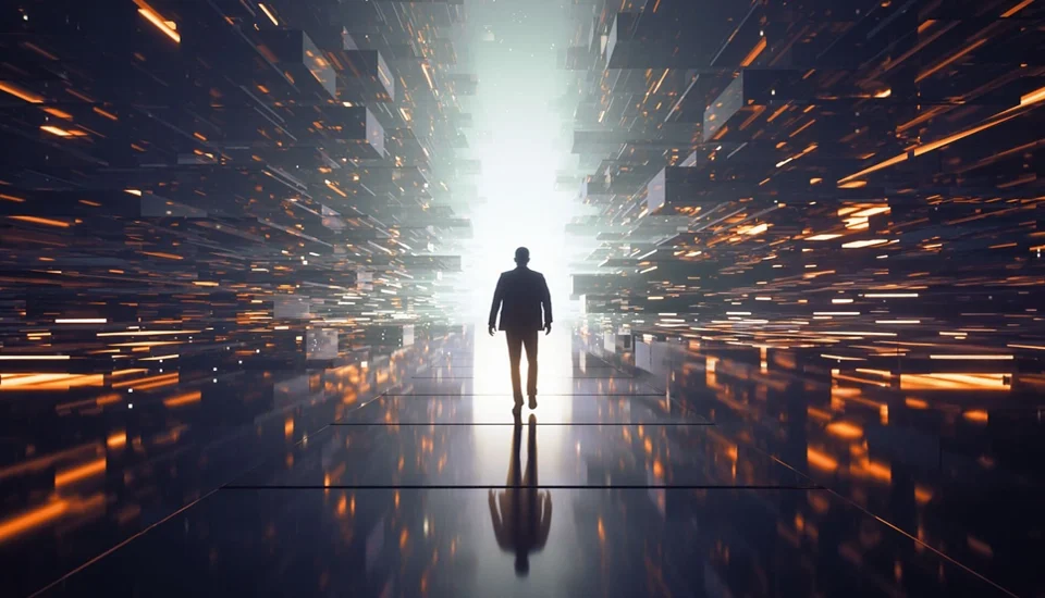 Man walking through a quickly moving digital landscape.